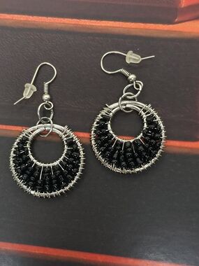 💫3x25 Handmade Black Beaded Wire Hoop Earrings Whimsigoth Bohemian Victorian
